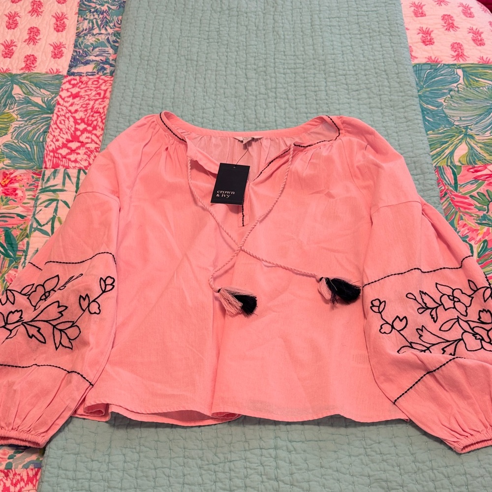 crown & ivy Pink Tassel Peasant Blouse with Black Embroidery